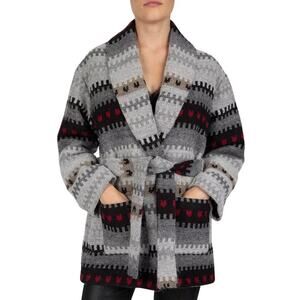The Kooples Wool Cropped Winter Coat Tie Waist Geometric Print Gray Womens Sz 1